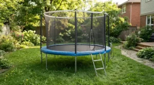 A round trampoline with ladder for young children set up in a sunny suburban backyard during summer.